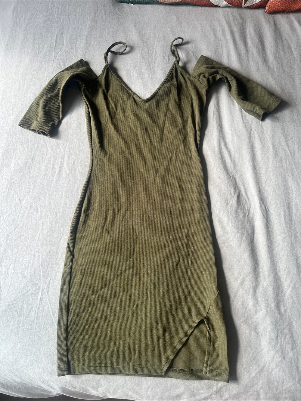 Olive Green Cold-Shoulder V-Neck Bodycon Dress